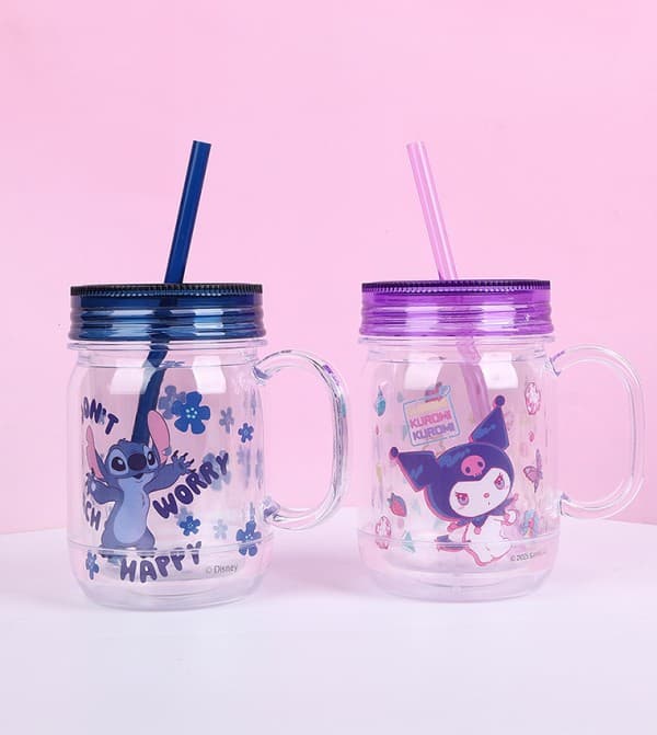 Stitch Plastic Cup With Straw - Multicolor