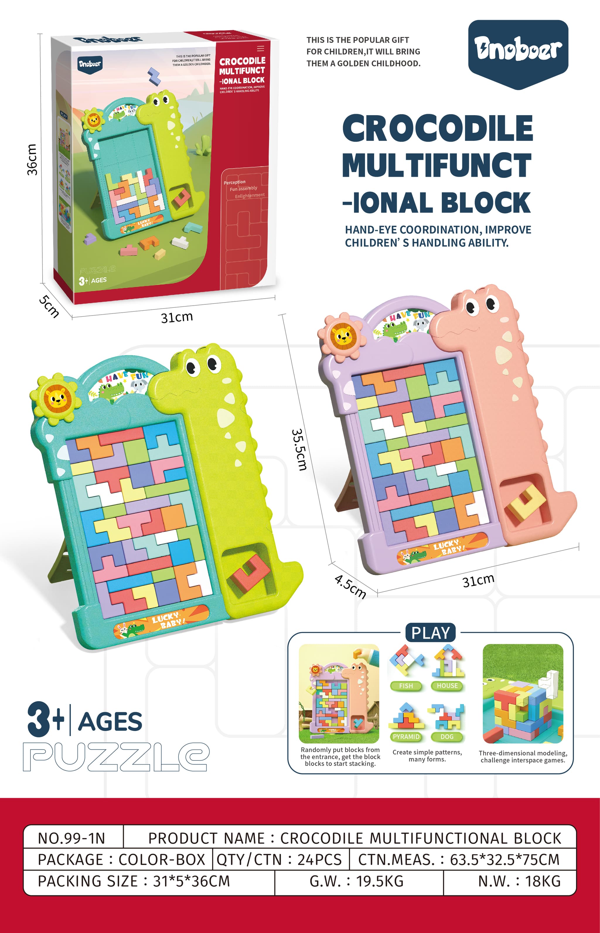 Babies & more Crocodile Tetris - Kids Puzzle Game Toy - Blue
