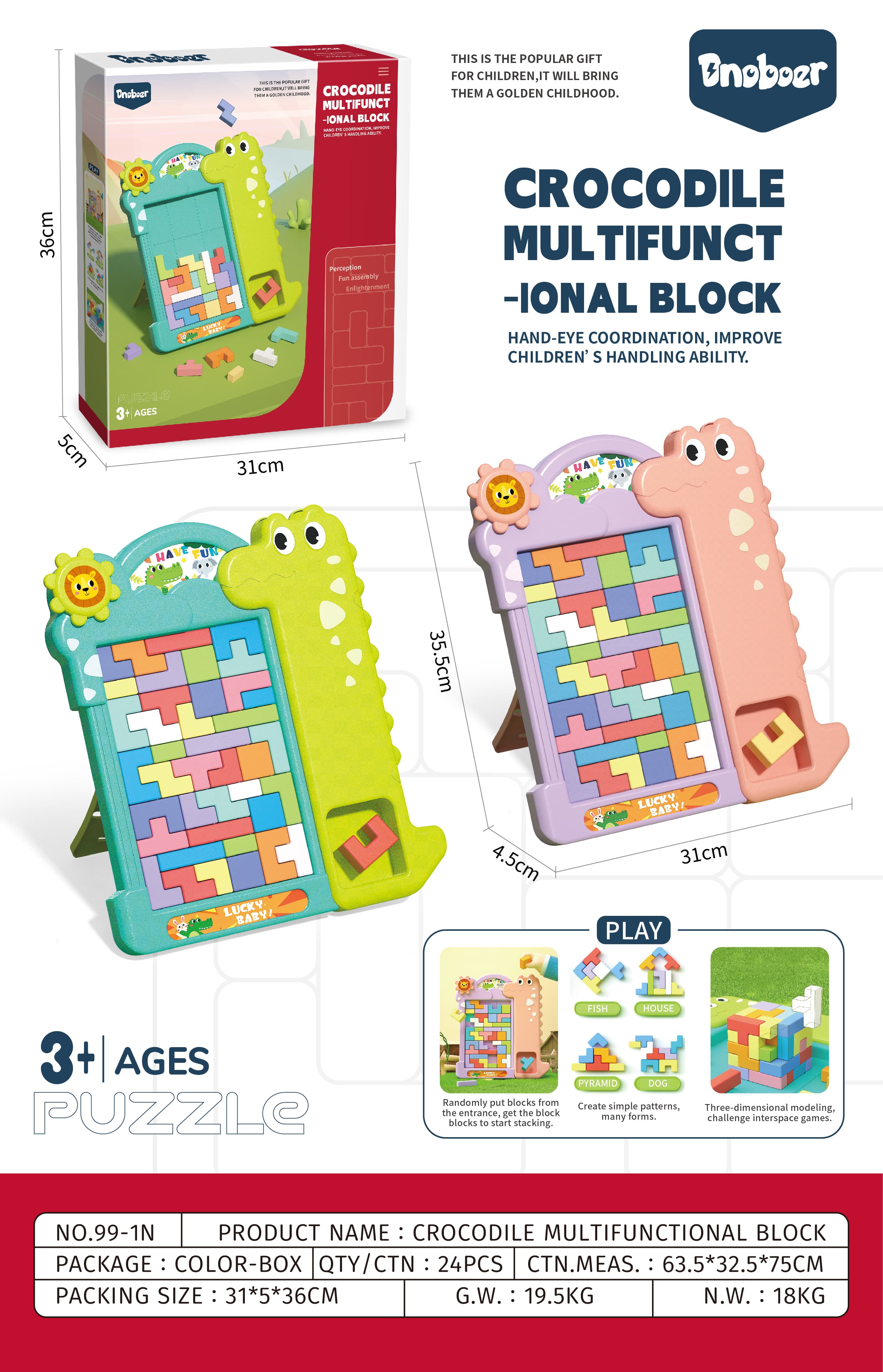 Babies & more Crocodile Tetris - Kids Puzzle Game Toy - Blue