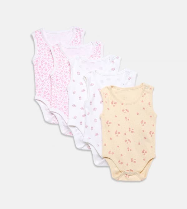 Floral AOP 100% Cotton Interlock 5 Pack Printed Sleeveless Onesies thumbnail 1