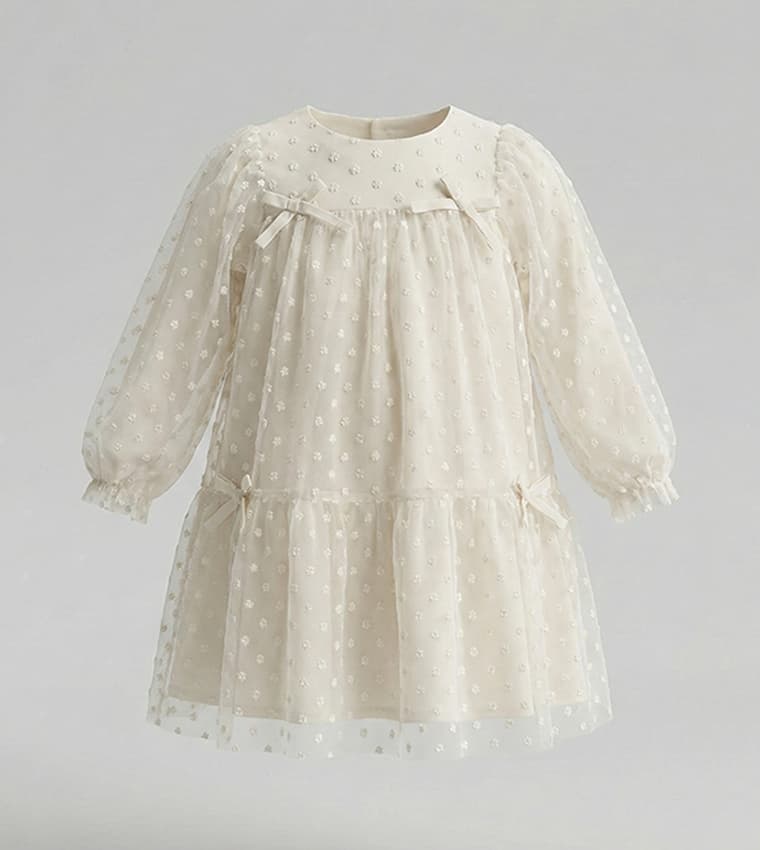 Self Patterned Long Sleeves Dress