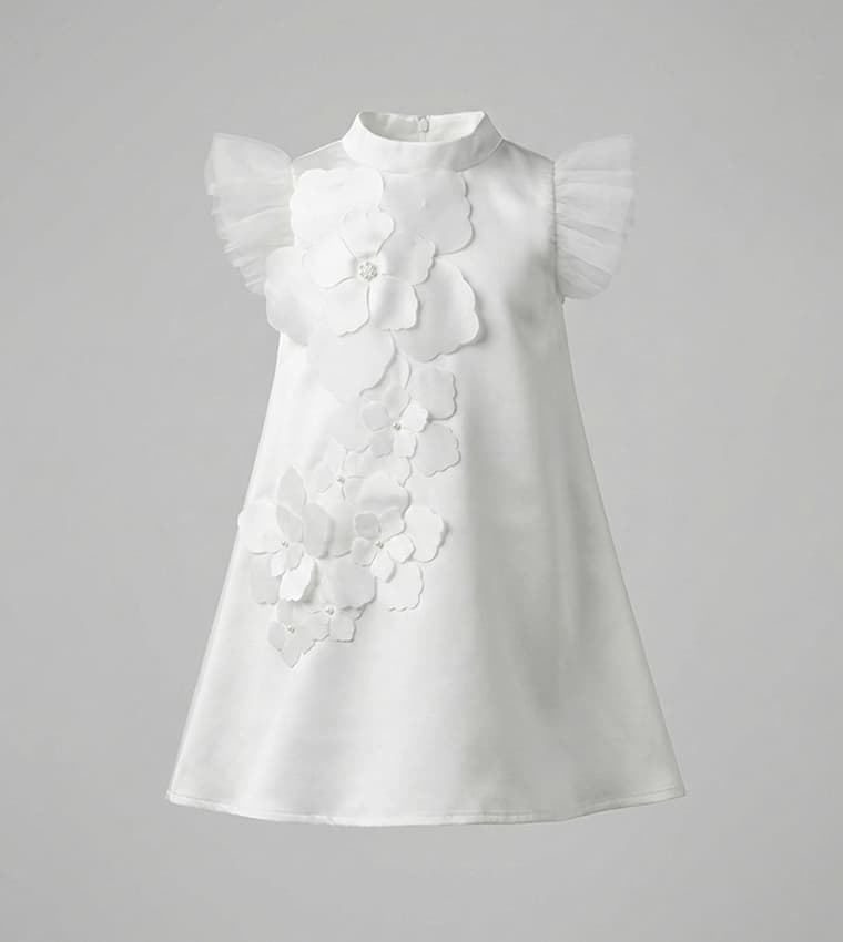 Appliqued Flutter Sleeves A-Line Dress