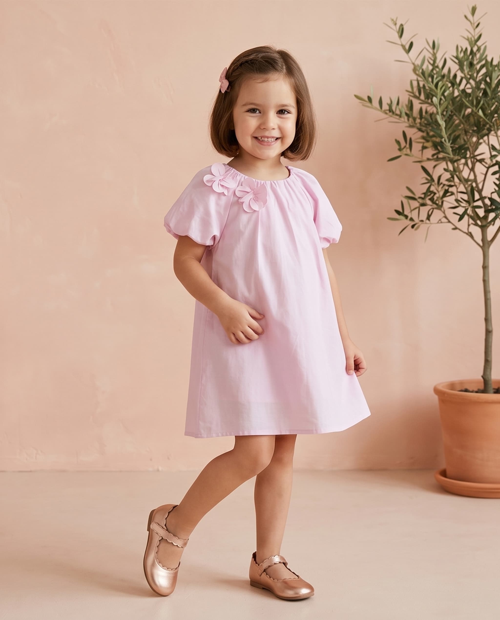 Solid Mini Dress with Round Neck and Puff Sleeves