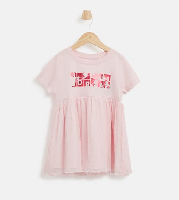 Printed Short Sleeves Tee Mesh Layer Skirt Dress