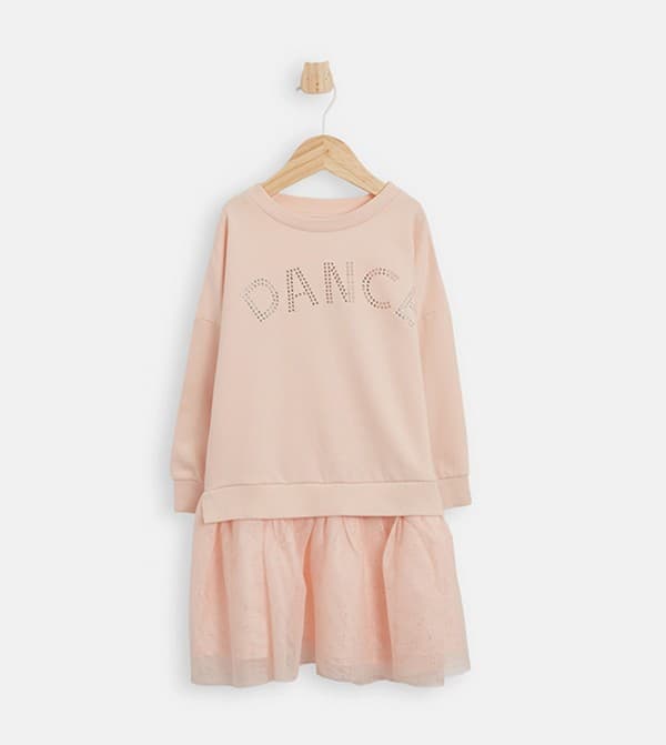 Casual Poly / Cotton Brush Back Embellished Long Sleeves Mini Dress with Crew Neck and thumbnail 1