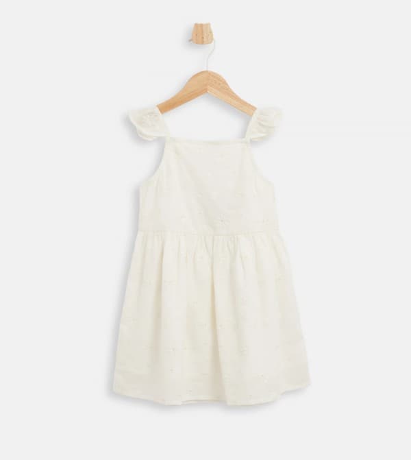 SOLID Pointel Cotton Schiffli Embroidered Sleeveless Casual Dress with Square Neck thumbnail 1