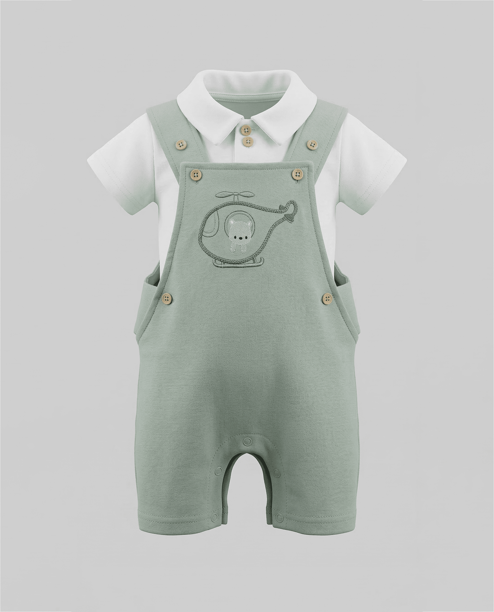 Solid Collared T-Shirt and Embroidered Dungaree Set