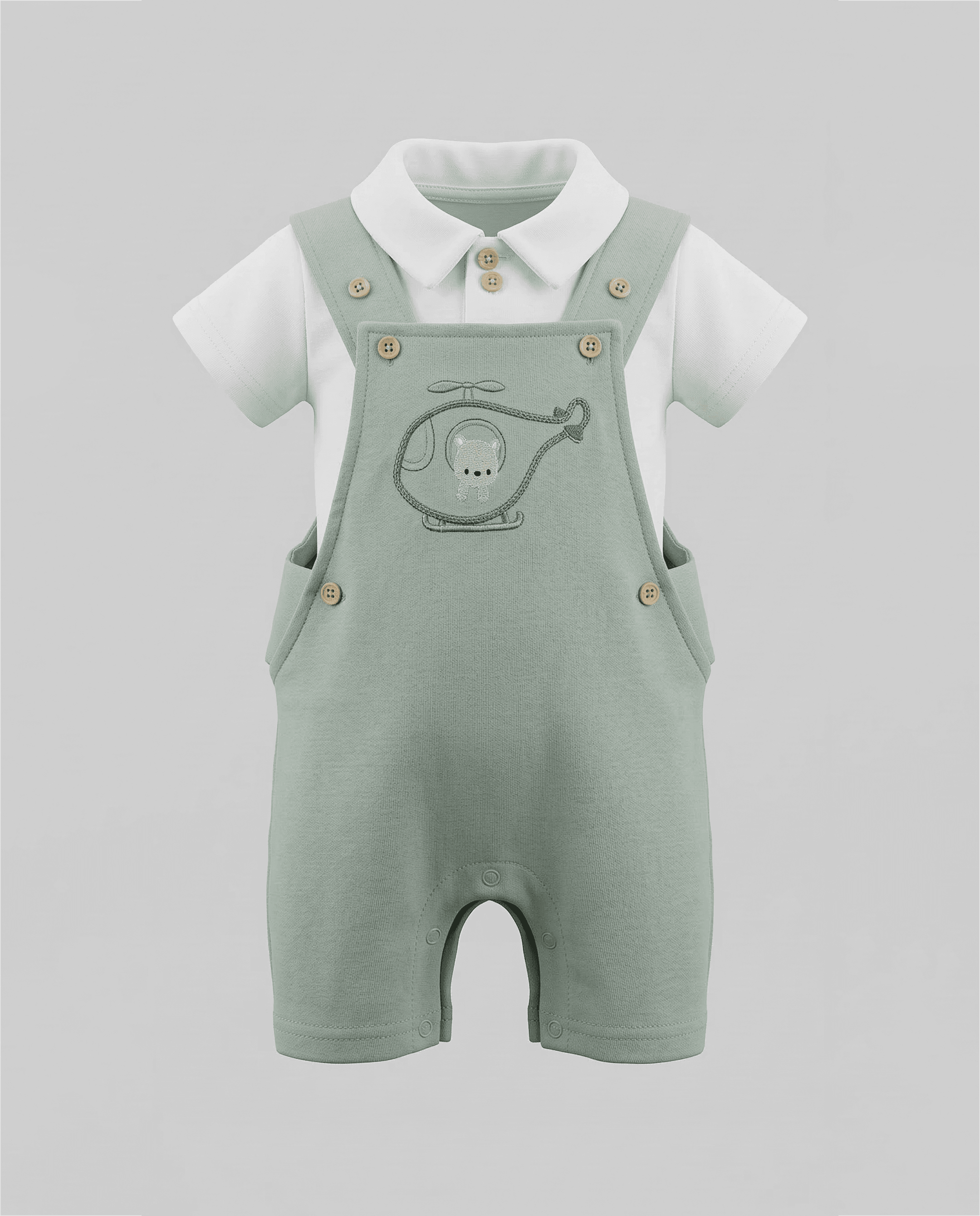 Solid Collared T-Shirt And Embroidered Dungaree Set