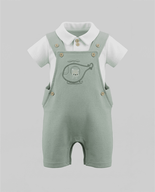 Solid Collared T-Shirt and Embroidered Dungaree Set thumbnail 1