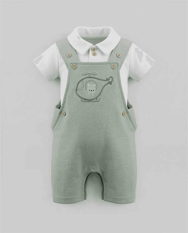 Solid Collared T-Shirt and Embroidered Dungaree Set thumbnail 3