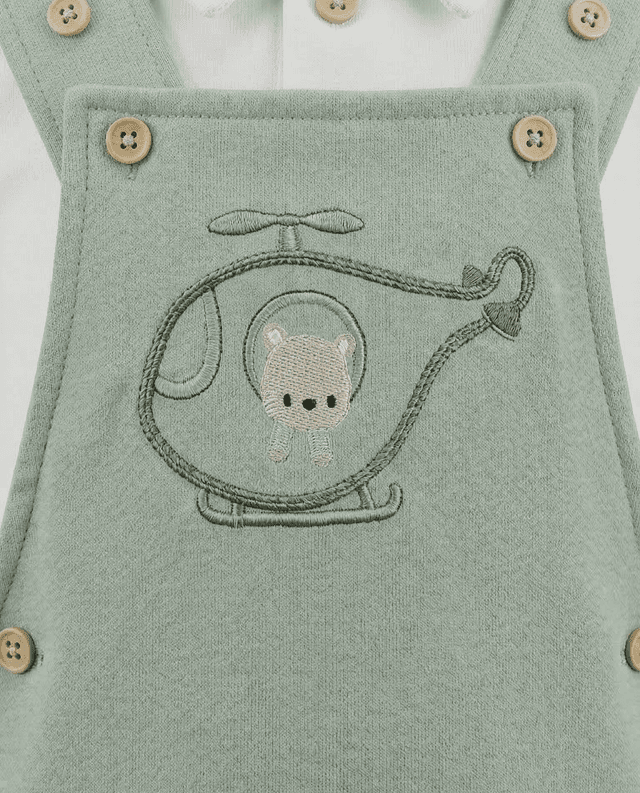 Solid Collared T-Shirt and Embroidered Dungaree Set thumbnail 4