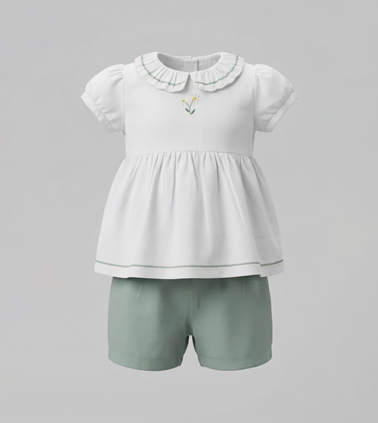 Embroidered Puff Sleeves Woven Co-Ord Set