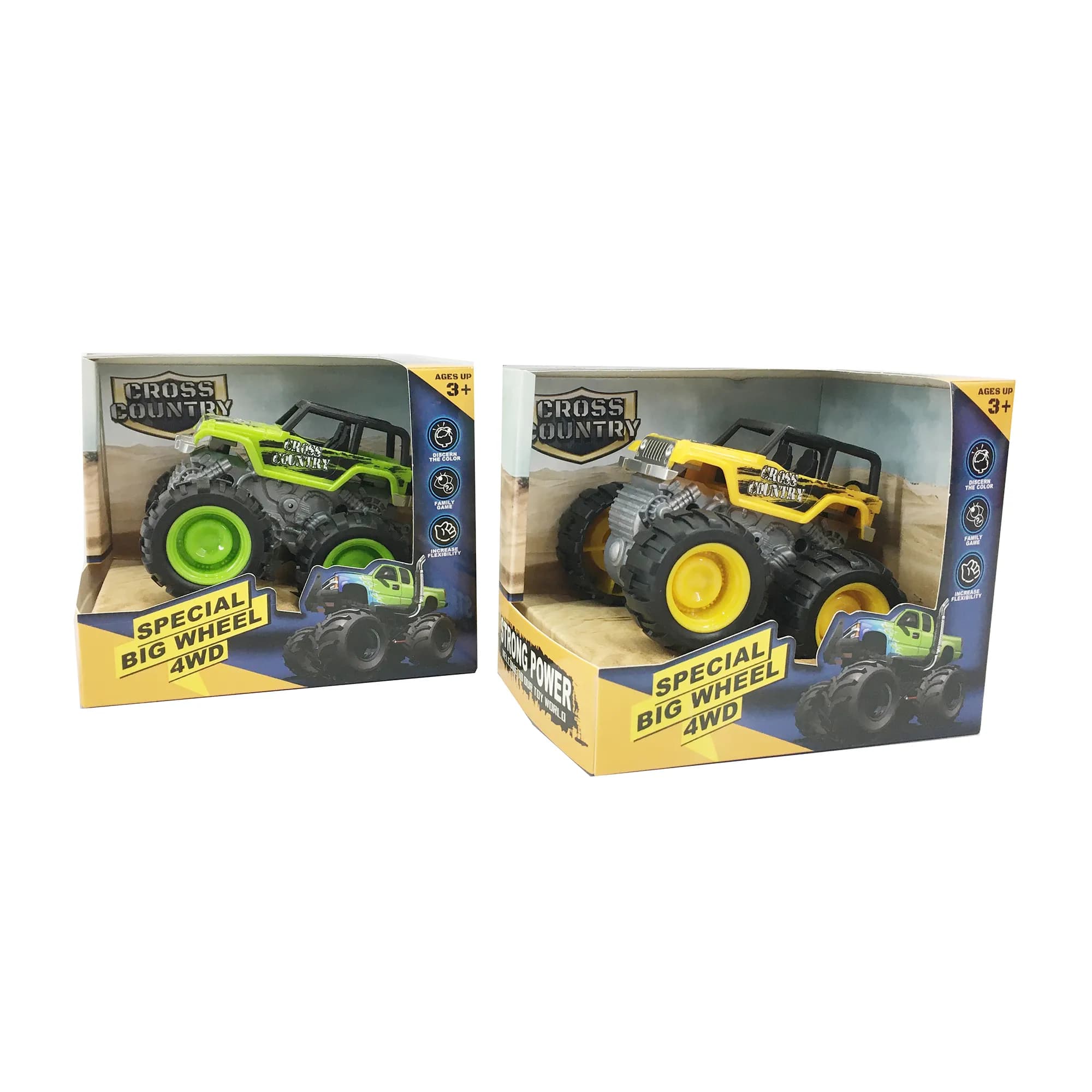 Babies & more Friction Truck - 12 Cm Assorted Set - Special Big Wheel 4Wd Series - Green & Yellow Trucks - Multicolor