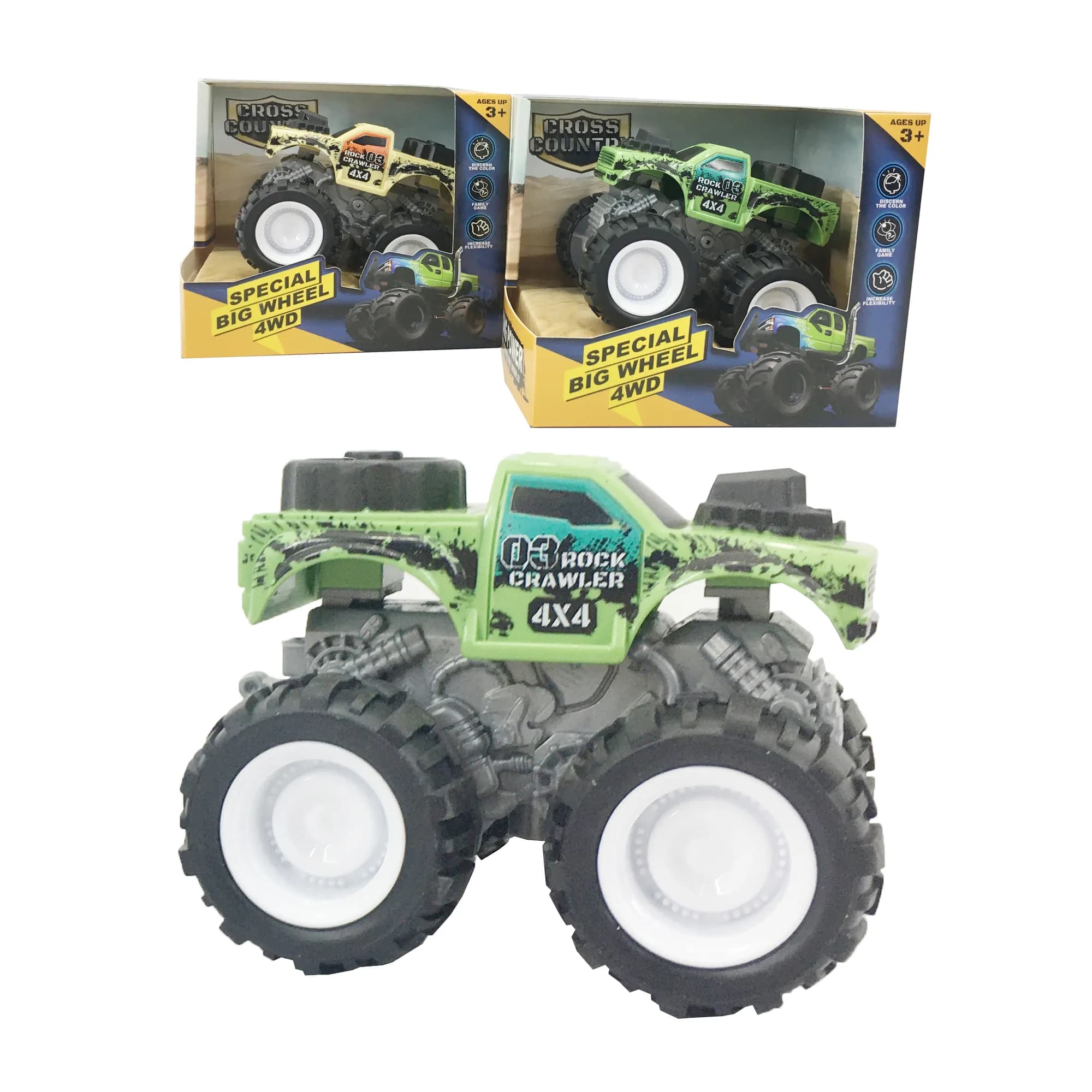 Babies & more Friction Truck - 12 Cm Assorted Set - Green & Yellow Trucks - Special Big Wheel 4Wd Series - Multicolor