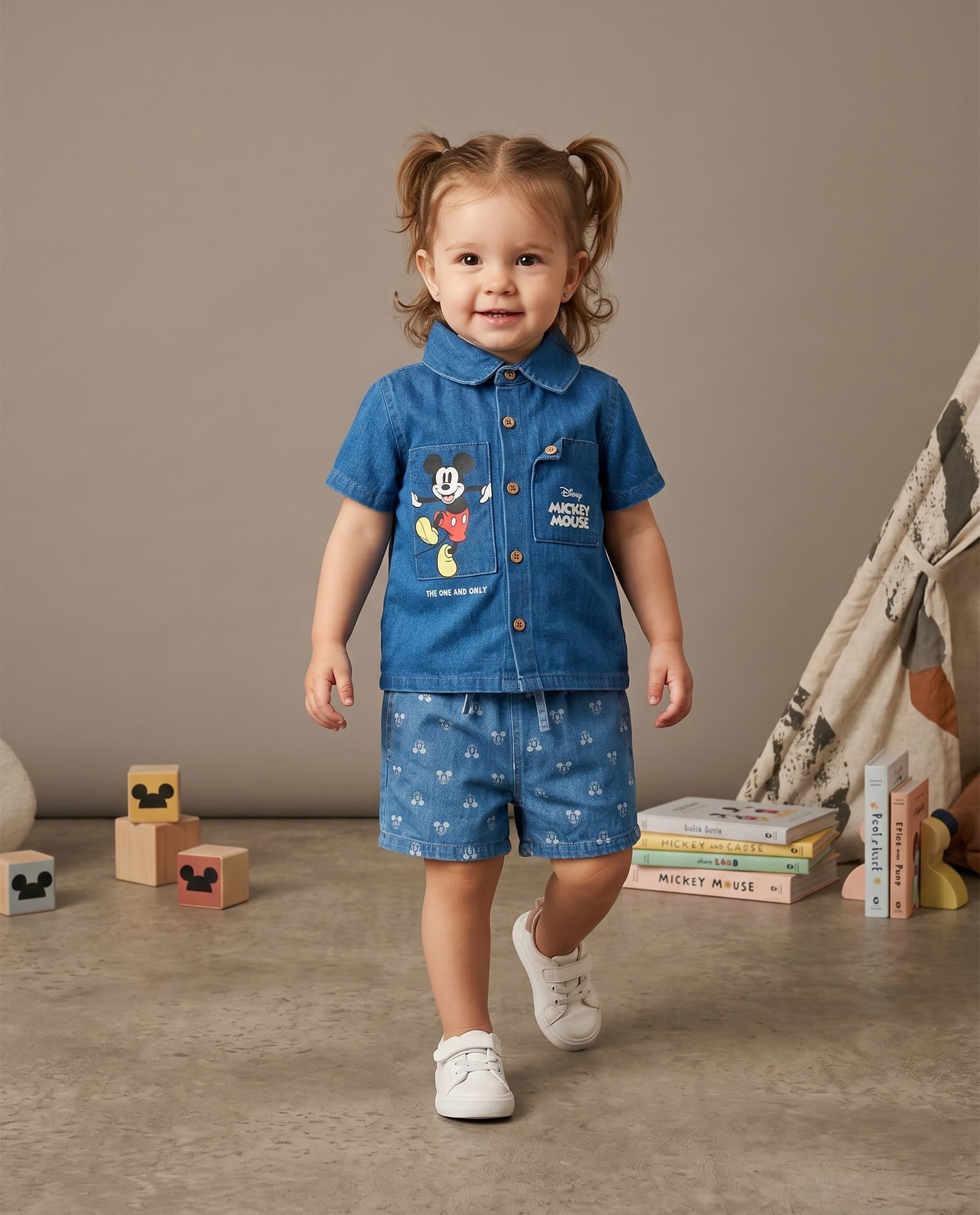 Mickey Mouse Print Short Sleeves Collar Set