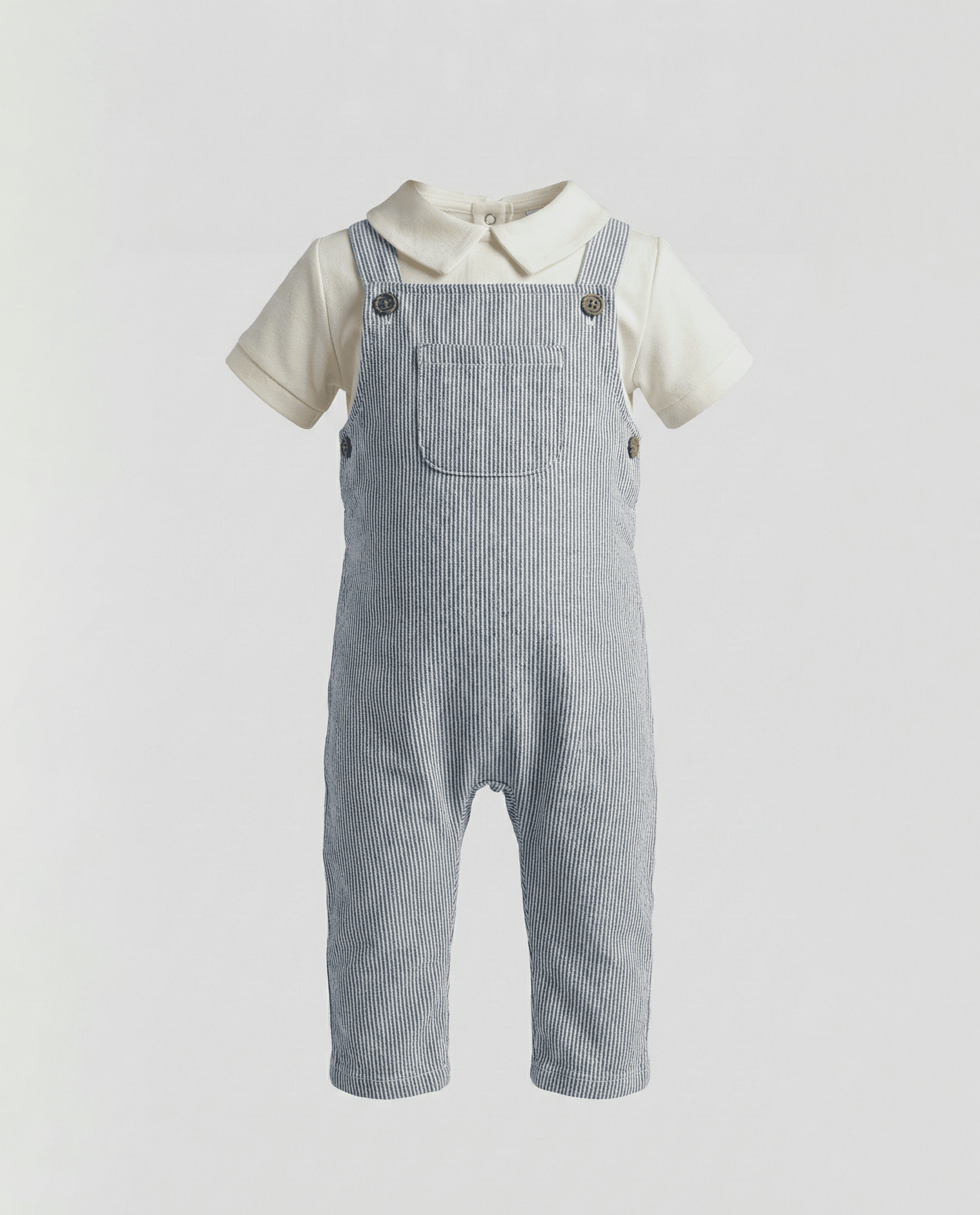 Striped Short Sleeves Collar Dungaree Set