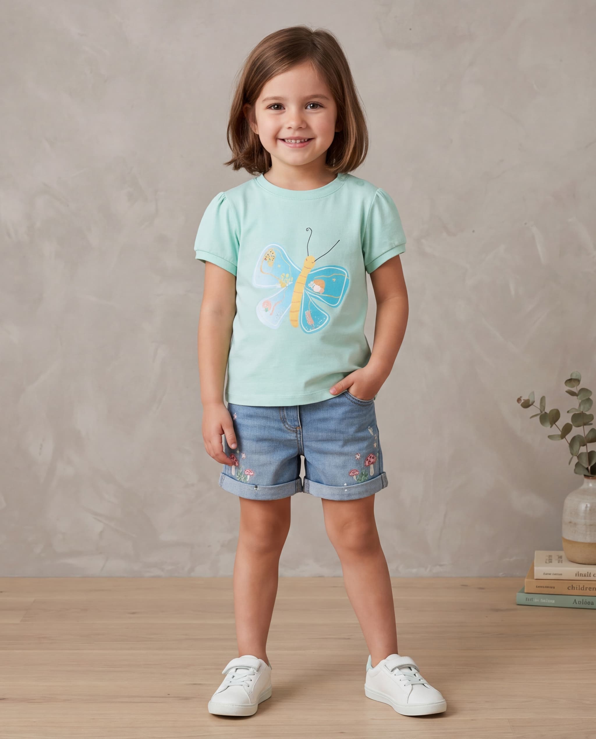 Butterfly Print T-Shirt with Crew Neck and Short Sleeves