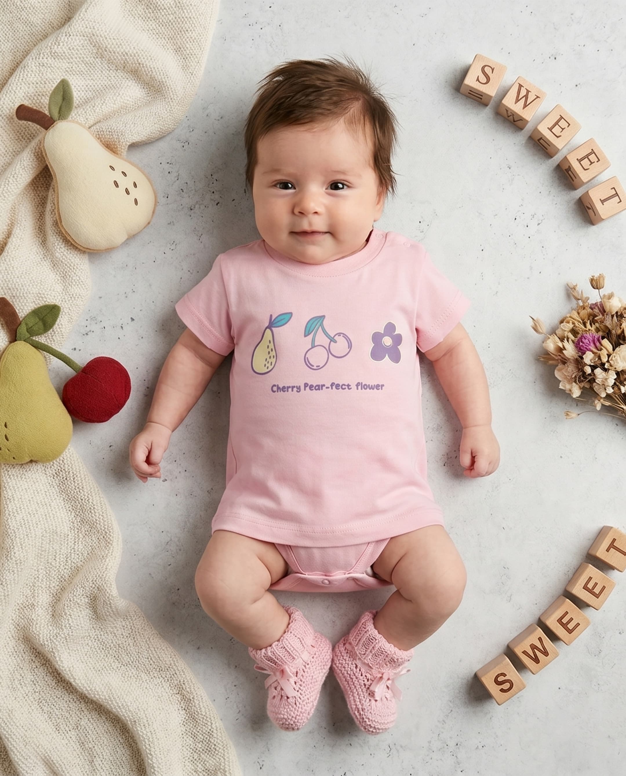 Babies & More Fruit Floral Graphic Print Round Neck Short Sleeve T-Shirt
