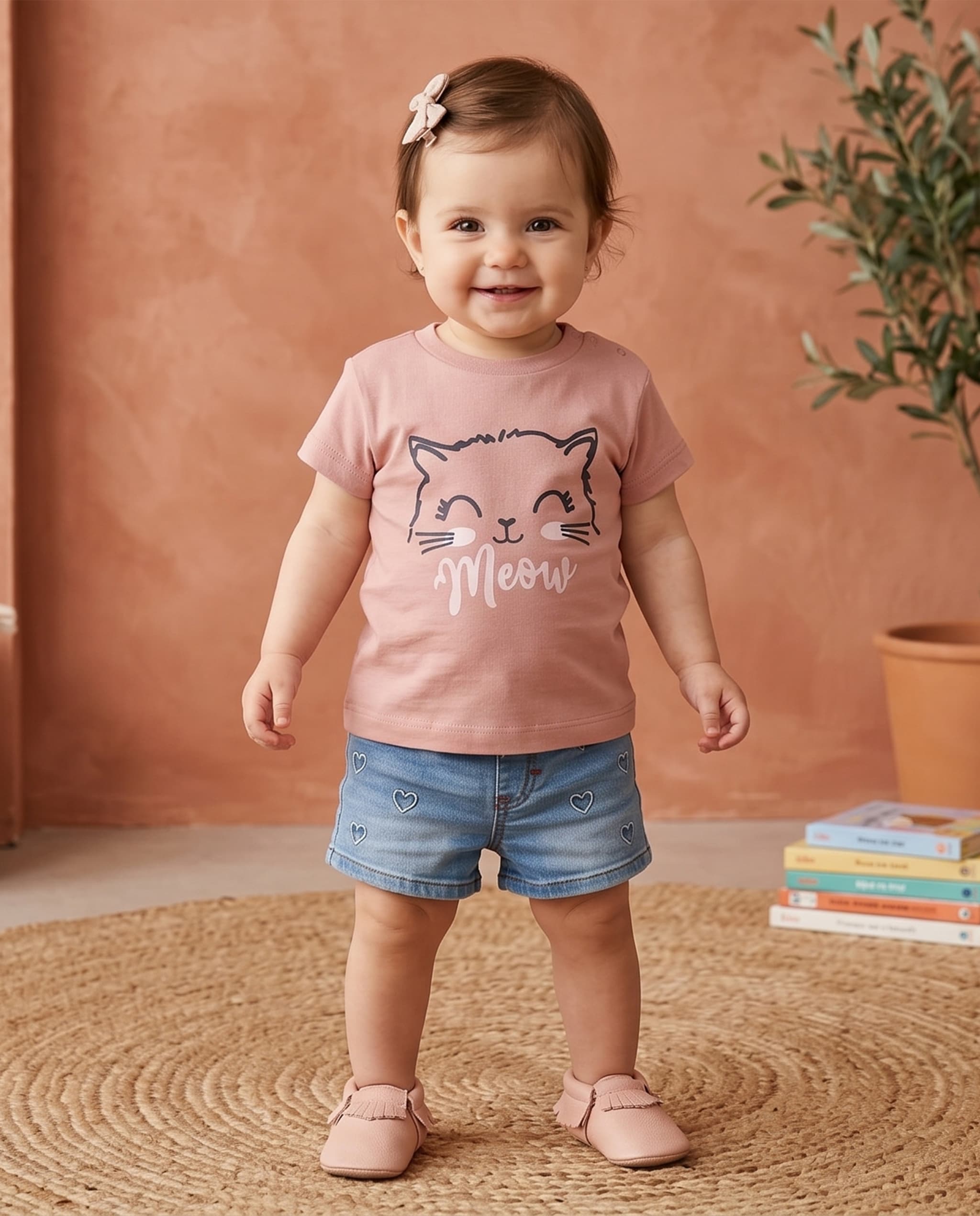 CAT Print T-Shirt with Crew Neck and Short Sleeves