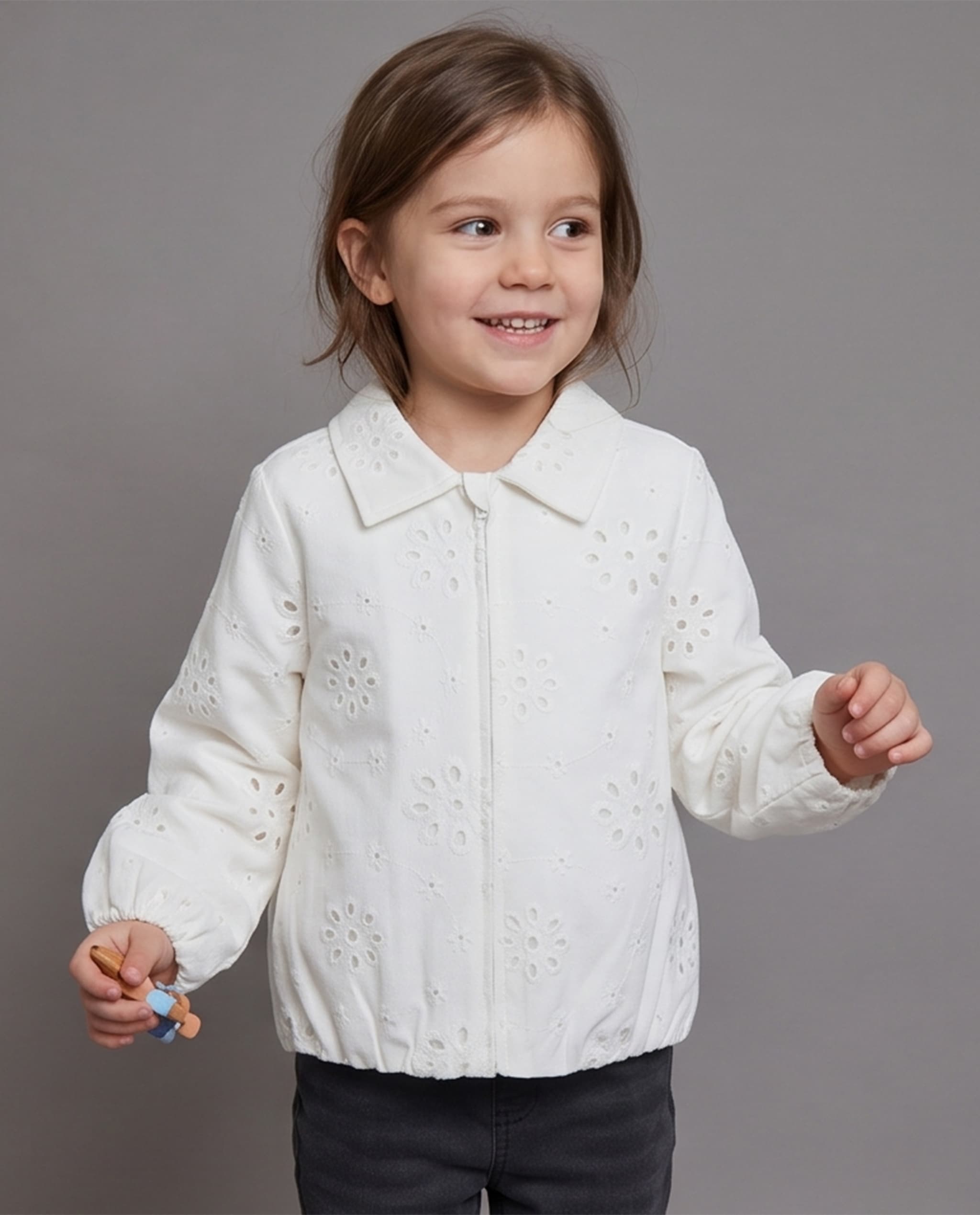Eyelet Embroidered Zipper Hooded Jacket