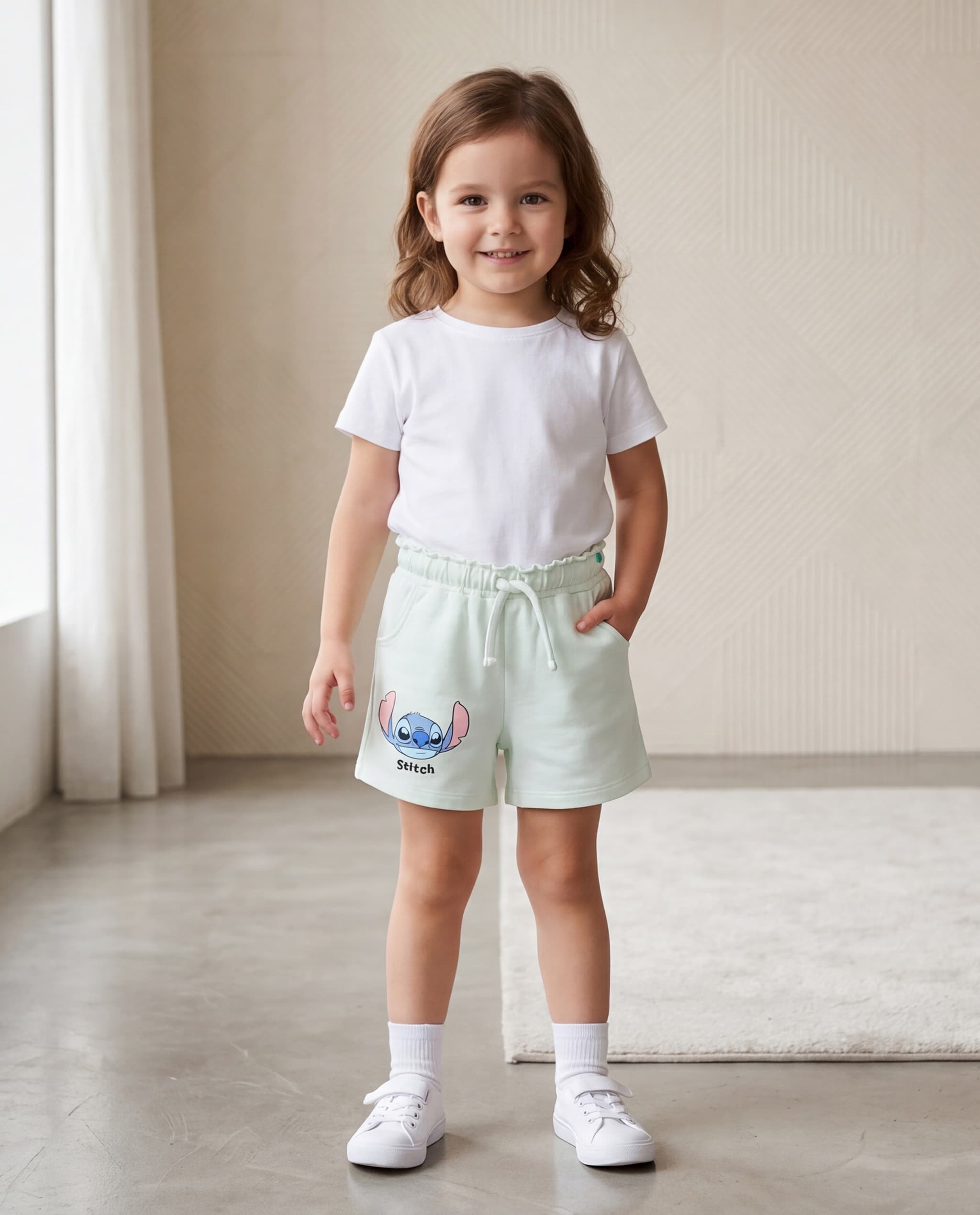 Stitch Print Regular Fit Shorts with Drawstring Waist