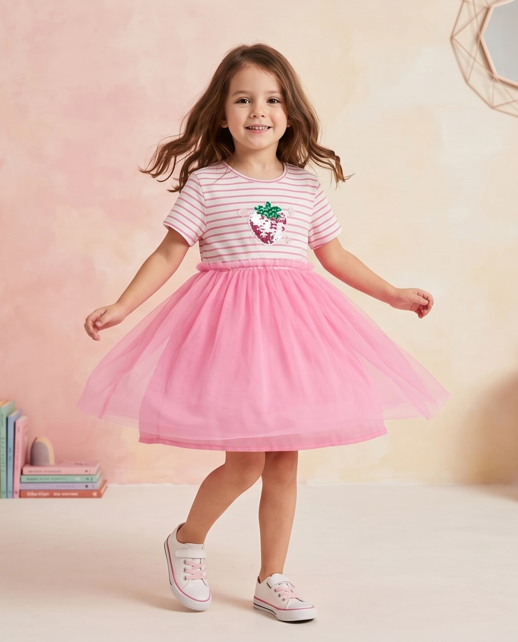 Striped Fit & Flare Dress with Crew Neck and Short Sleeves
