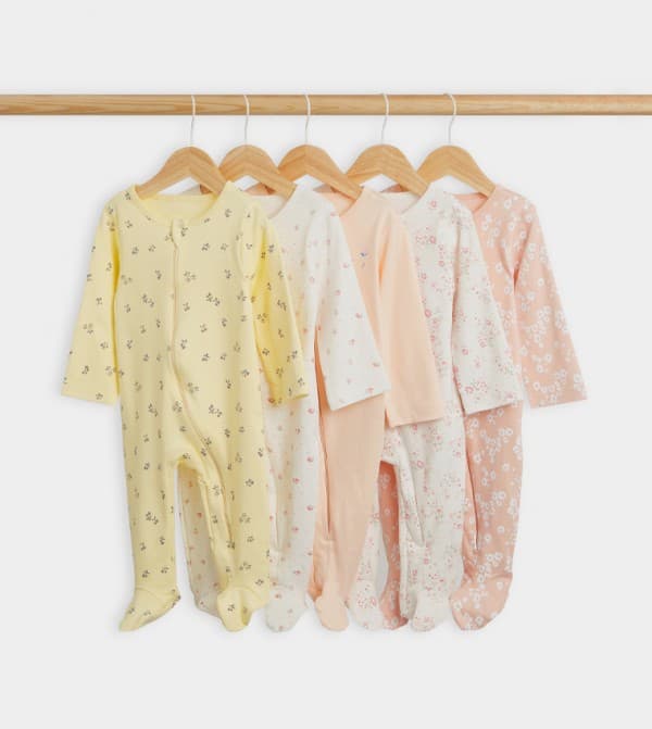 Pack of 5 Printed Footed Sleepsuits