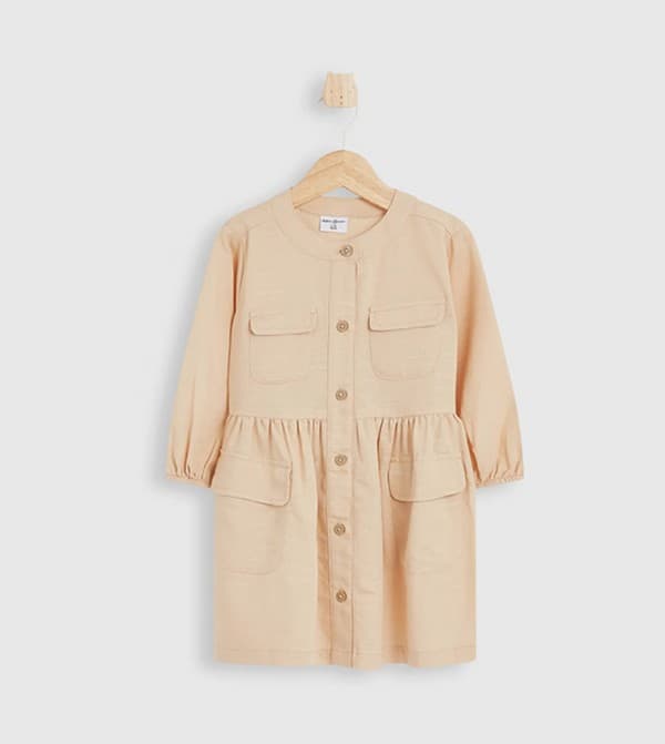 SOLID Viscose Cotton Slub Jersey Mini Dress with Round Neck and Long Sleeves