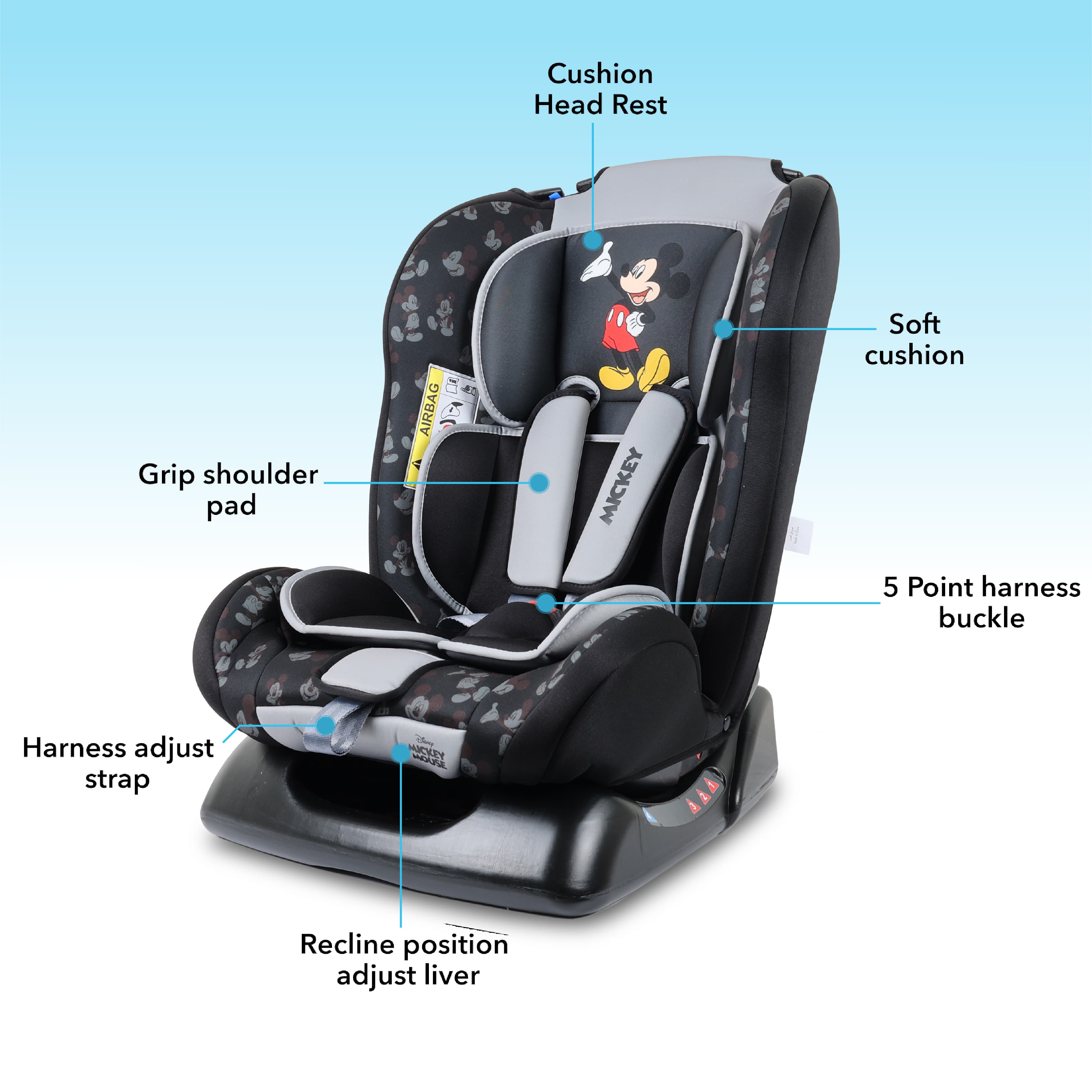 Babies and more Disney Mickey Mouse Baby/Kids 3 In 1 Car Seat 0-6 Years - Black/Grey
