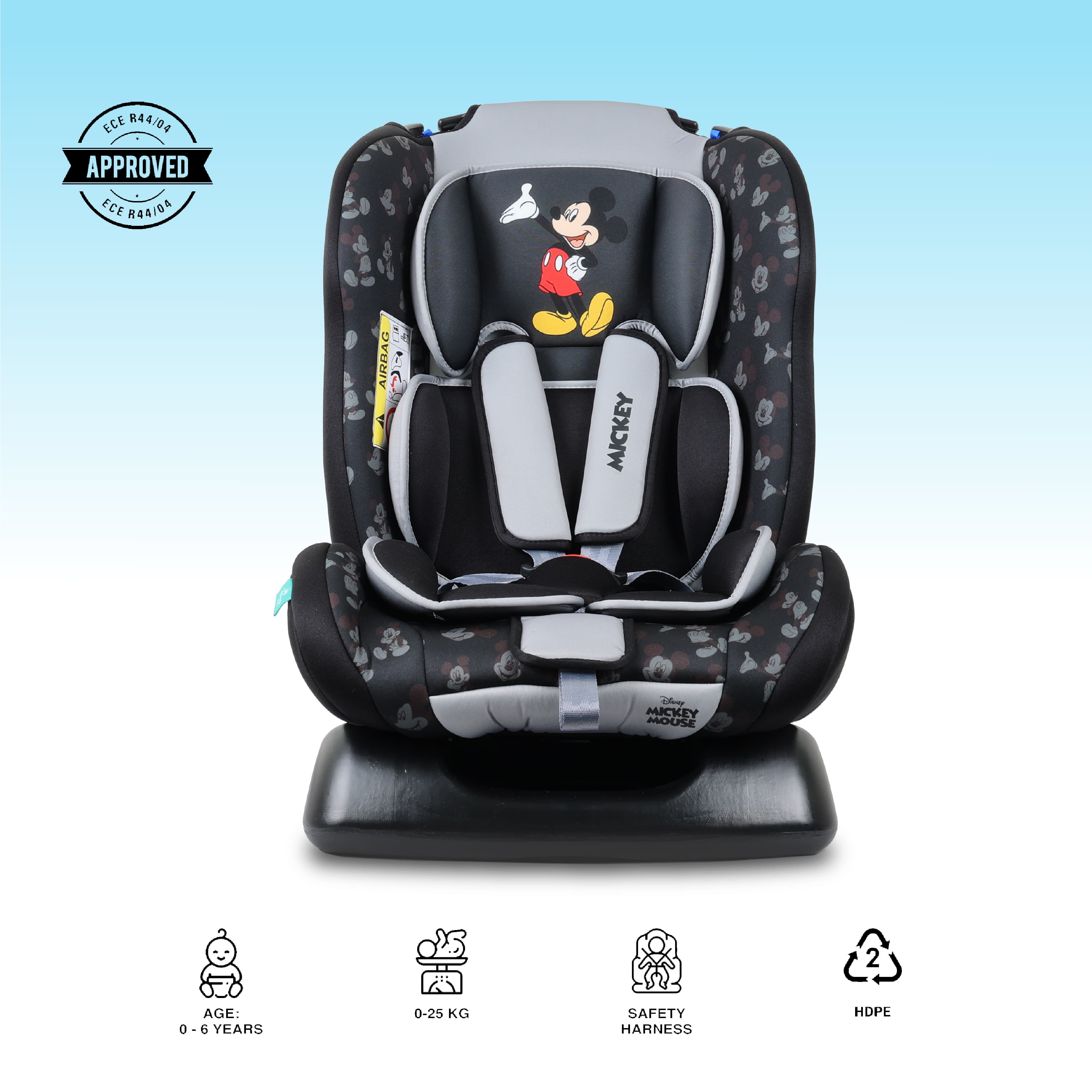 Babies and more Disney Mickey Mouse Baby/Kids 3 In 1 Car Seat 0-6 Years - Black/Grey